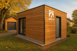 Accueil 10 Construction ossature bois moderne dans un jardin du Jura avec garage et studio en bois