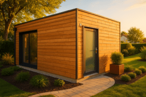 Studio de jardin en ossature bois dans un jardin en France, avec bardage naturel et toiture soignée