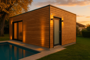 Pool house en ossature bois contemporain installé dans un jardin suisse avec piscine
