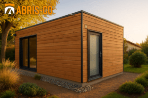 Studio de jardin bois moderne installé dans un jardin en Belgique avec bardage naturel et toit plat sous lumière dorée