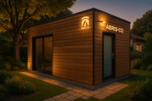 Accueil 10 Garage en bois moderne dans un jardin, valorisant l’élégance et la durabilité de la construction ossature bois