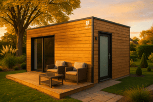 Pool house en bois moderne dans un jardin avec terrasse et mobilier d'extérieur, sous lumière naturelle douce au coucher du soleil