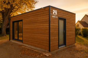 Studio de jardin en kit ossature bois installé dans un jardin avec éclairage doux du soir, valorisant la finition bois naturelle et l’intégration paysagère