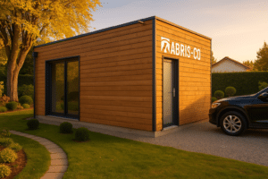 Accueil 85 Garage bois de 30 m² en ossature bois intégré dans un jardin en Suisse, vu de l’extérieur en fin de journée