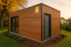 Garage ossature bois moderne dans un jardin paysager en France, valorisant le bardage en bois naturel et la toiture plate.