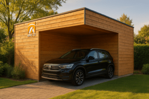 Carport bois moderne installé dans un jardin en Belgique avec une voiture abritée