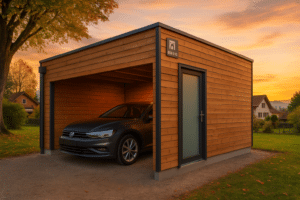 Carport bois en kit moderne dans un jardin en Suisse au coucher de soleil