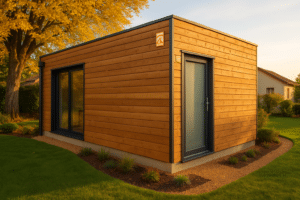 Garage bois ossature bois intégré dans un jardin paysager en France en fin de journée, mettant en valeur la structure et le bois naturel