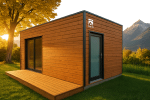 Studio de jardin en bois moderne installé dans un jardin en Suisse avec vue sur ossature et bardage bois