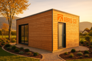 Studio de jardin en ossature bois installé dans un jardin en région Jura, vue extérieure avec intégration paysagère et bardage en bois naturel