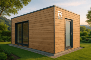 Garage ossature bois en kit moderne installé dans un jardin suisse avec une intégration paysagère soignée.