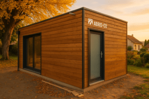 Garage bois de 20m2 intégré dans un jardin en France avec bardage en bois naturel et toiture plate