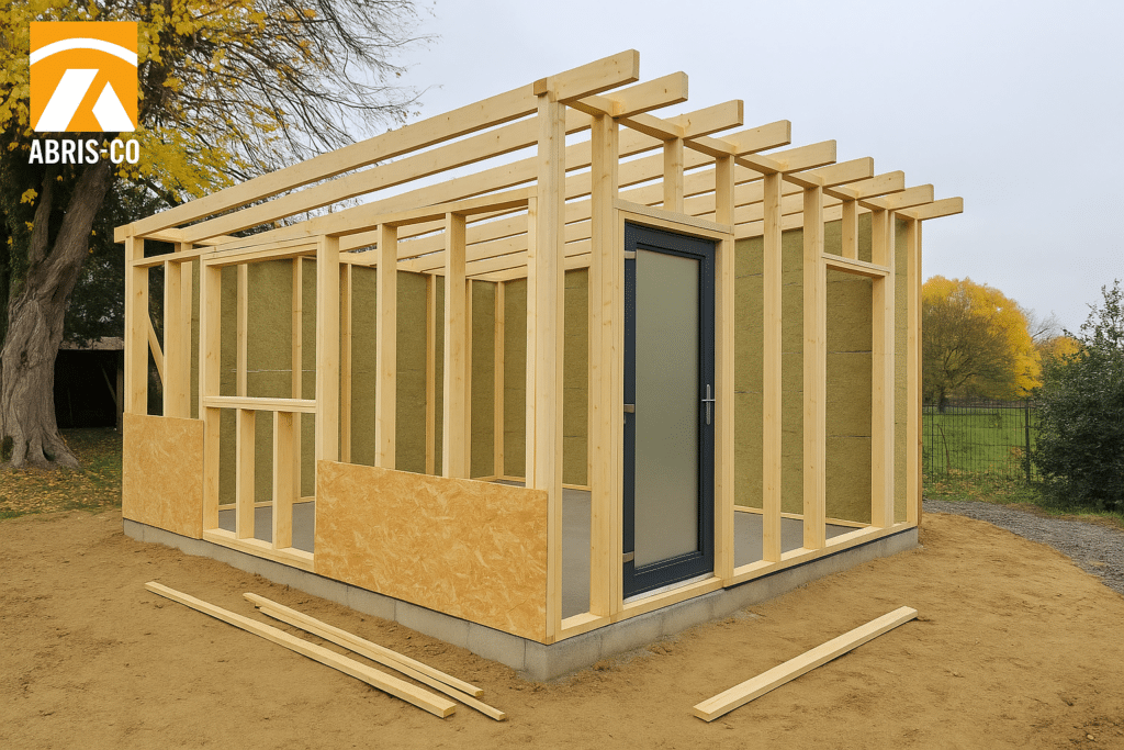 Kit studio de jardin en France : vos questions fréquentes répondues 1 Étape de montage d'un kit studio de jardin en bois avec charpente et pose d'isolation