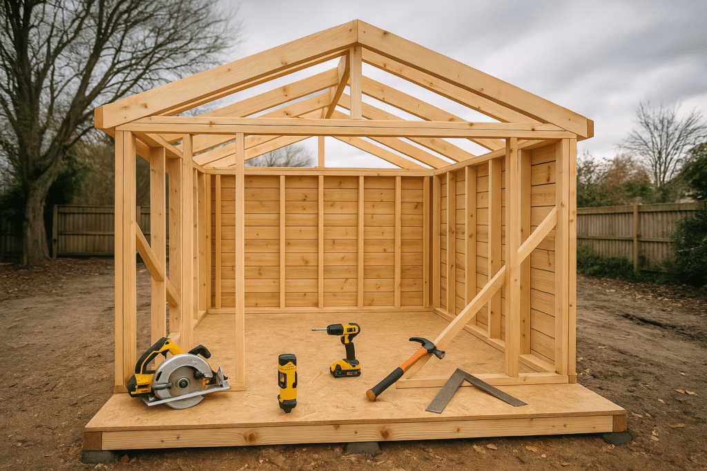 Les étapes clés pour réussir l’achat de votre abri de jardin bois en France 1 Montage de la charpente en ossature bois pour un abri de jardin en cours de construction