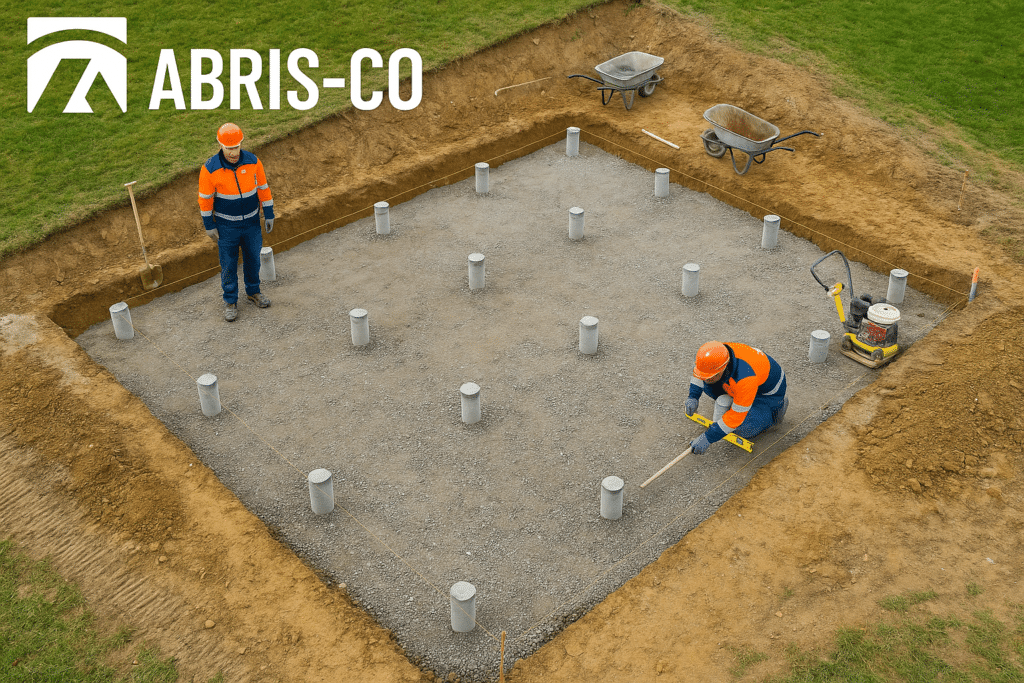 Préparation des fondations avec pilotis béton pour un garage ossature bois en kit en Suisse.