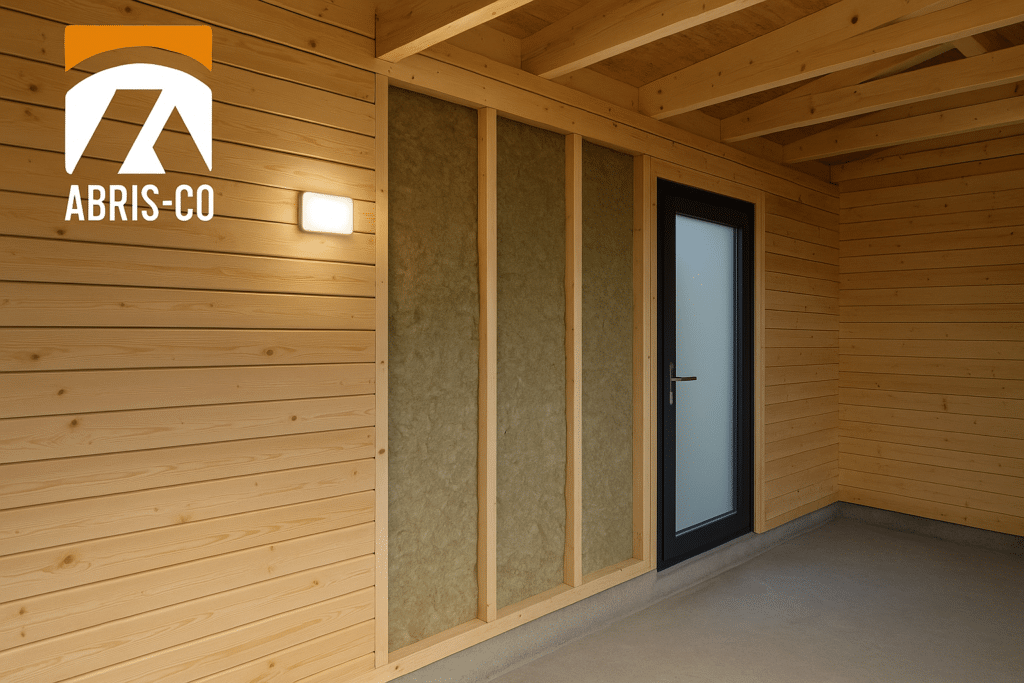 Détail de l'isolation et du bardage dans un garage ossature bois en kit en Suisse.
