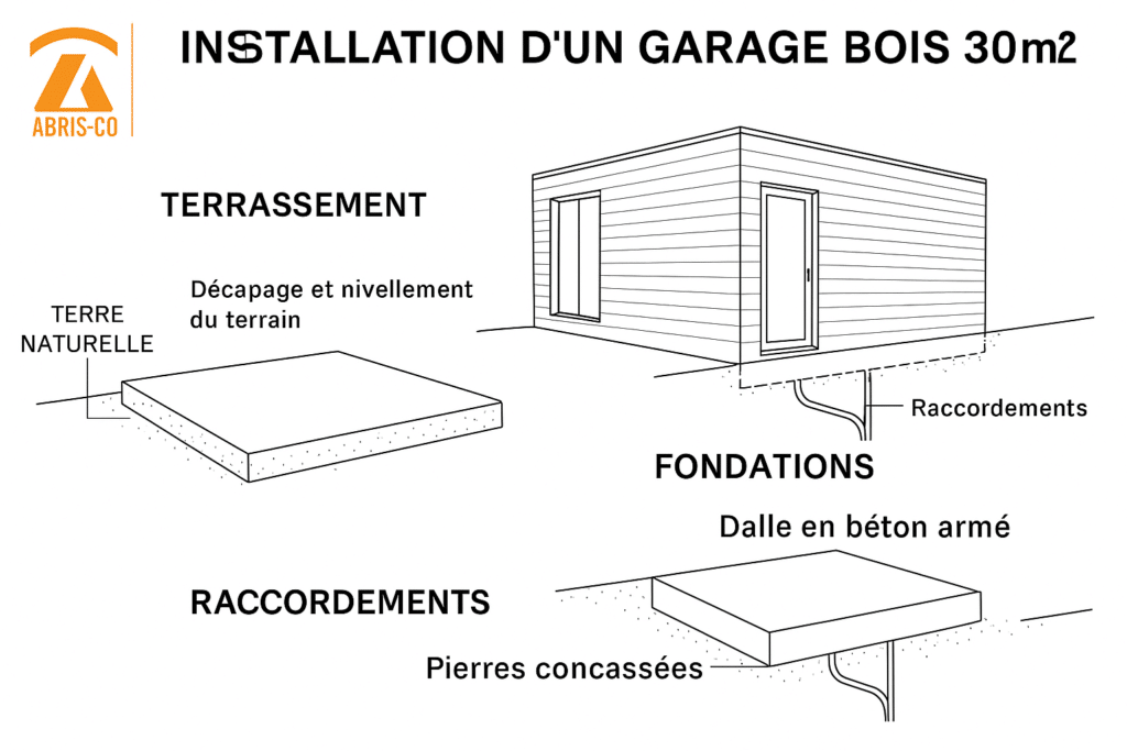 Schéma technique des fondations et raccordements pour un garage ossature bois 30m2