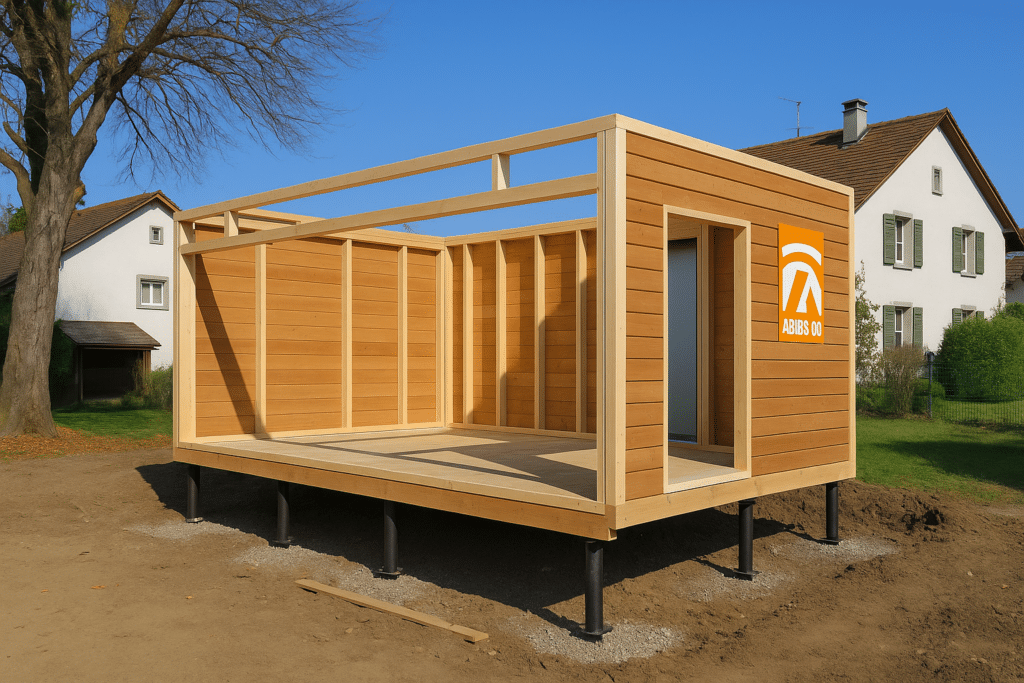 Dalle béton ou pilotis pour votre studio de jardin en Suisse : la checklist essentielle 1 Fondations sur pilotis en bois pour studio de jardin en Suisse en phase de montage
