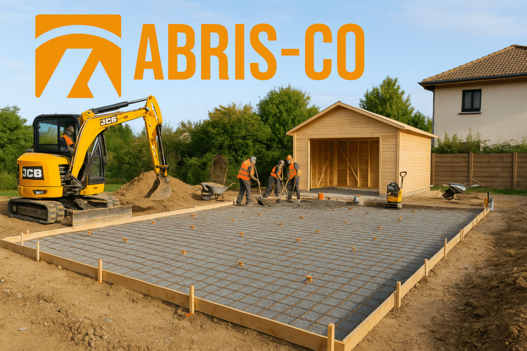 Préparation des fondations pour garage ossature bois avec terrassement et dalle béton.