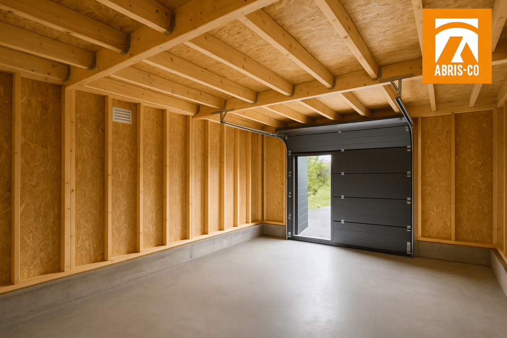 Intérieur isolé et ventilé d'un garage ossature bois, détail ossature et charpente.