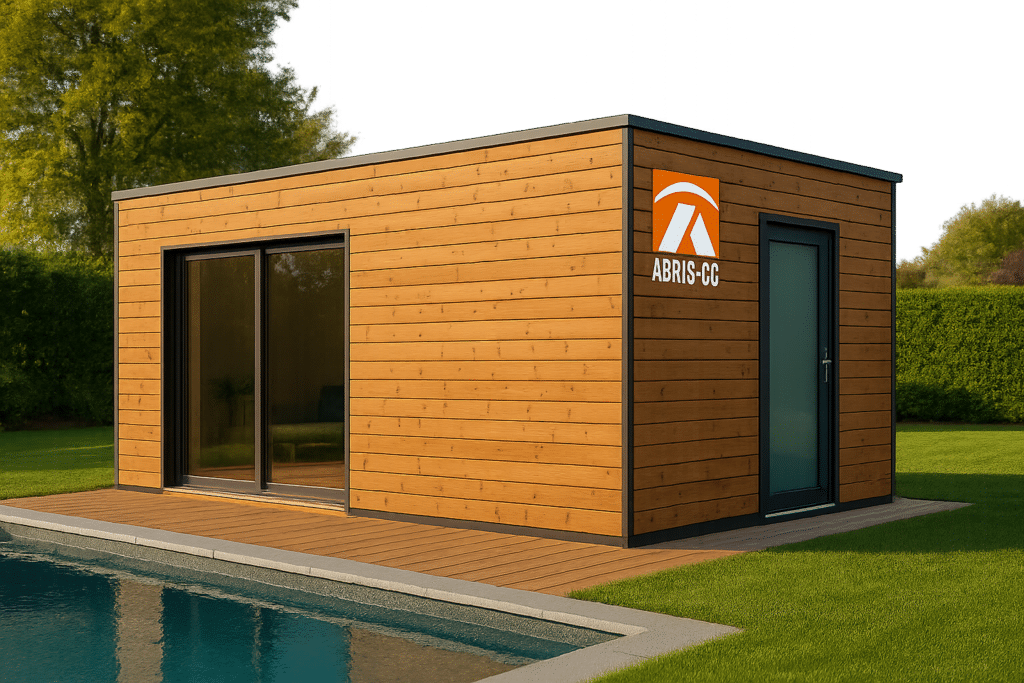 Pool house ossature bois en kit avec bardage naturel et toiture en Suisse