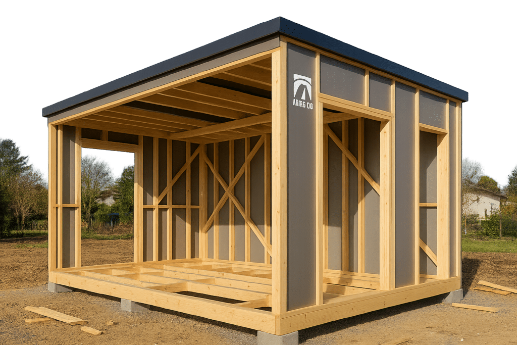 Charpente ossature bois pour studio de jardin en cours de montage en Suisse