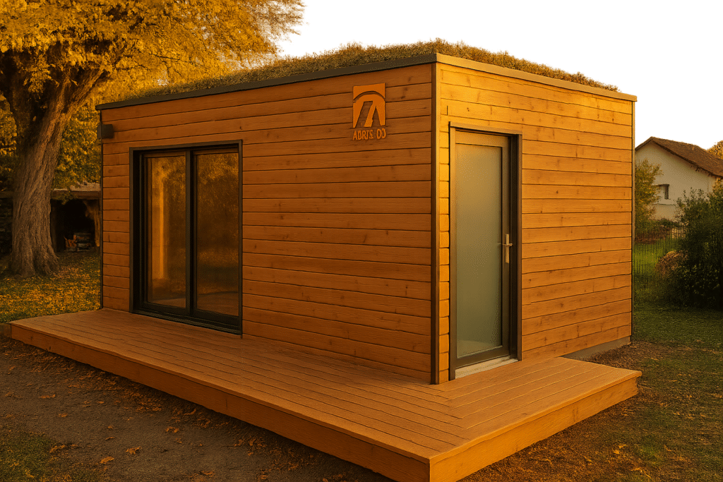 Les tendances 2026 pour réussir votre construction ossature bois en kit en France 2 Pool house en kit ossature bois avec terrasse bois et toiture végétalisée dans un jardin