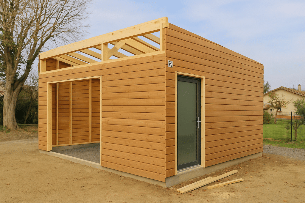 Checklist indispensable pour réussir l’achat de votre garage bois en France 1 Structure ossature bois et bardage d'un garage en cours de montage en France