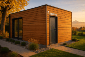 Garage bois 20m2 en Suisse dans un jardin avec bardage naturel et belle intégration paysagère