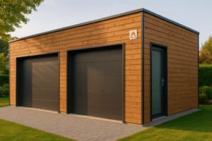 Garage bois double en ossature bois dans un jardin belge avec bardage naturel et toiture premium