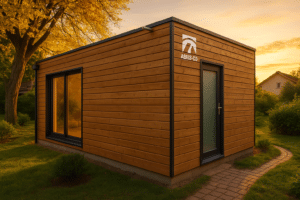 Kit studio de jardin en ossature bois dans un jardin en France, avec bardage naturel et toiture moderne au coucher du soleil