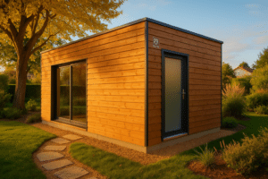 Accueil 85 Abri de jardin ossature bois installé dans un jardin français, vue extérieure valorisant les matériaux et l’intégration paysagère