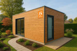Accueil 85 Construction ossature bois en kit moderne implantée dans un jardin en France, avec bardage naturel et toiture contemporaine sous lumière douce.