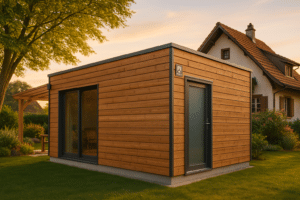 Pergola en bois moderne installée dans un jardin en Suisse avec maison en arrière-plan