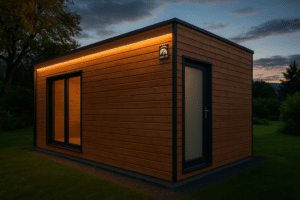 Studio de jardin en ossature bois intégré dans un paysage naturel en Suisse avec lumière douce