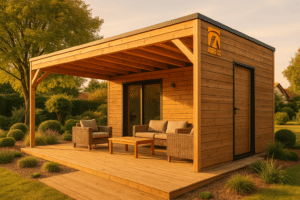 Pergola bois en kit installée dans un jardin français avec terrasse bois, ambiance chaleureuse en fin d'après-midi