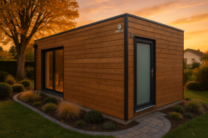 Carport ossature bois moderne dans un jardin français, éclairage doux au coucher du soleil