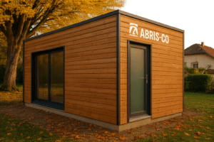Studio de jardin en bois dans un jardin du Jura avec bardage naturel et intégration paysagère