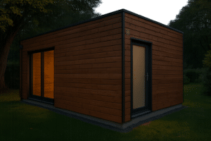 Garage ossature bois isolé avec bardage naturel dans un jardin en France en lumière douce crépusculaire