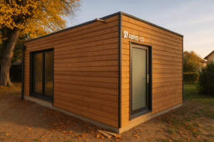 Studio de jardin ossature bois stable et esthétique posé sur une dalle béton dans un jardin en France