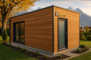 Construction en ossature bois dans un jardin en Suisse avec une belle intégration paysagère