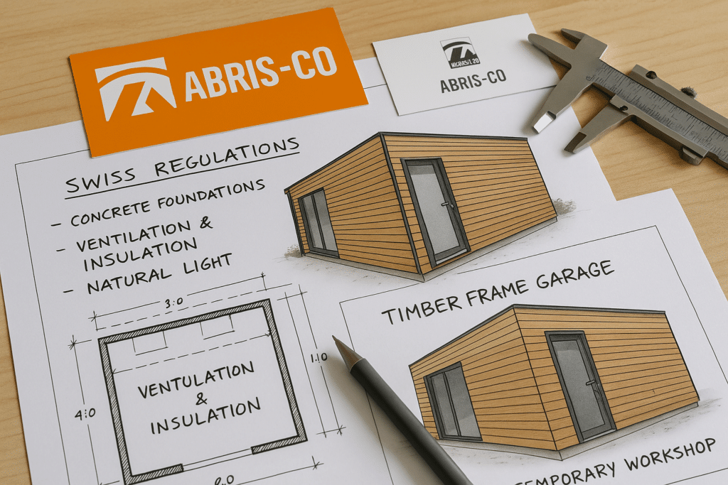 Plans techniques d’un garage bois avec annotations réglementaires et contraintes techniques en Suisse
