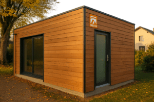 Kit ossature bois Abris-Co installé dans un jardin résidentiel en France, mettant en valeur le bois naturel et l’intégration paysagère.