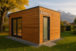 Garage bois sur mesure installé dans un jardin suisse avec finition bois naturelle et vue montagne