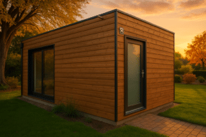 Garage ossature bois moderne avec bardage naturel dans un jardin belge, lumière douce au coucher du soleil