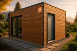 Accueil 85 Studio de jardin en bois moderne dans un jardin suisse avec bardage naturel et toiture plate