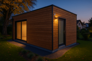 Accueil 85 Garage bois moderne en ossature bois intégré dans un jardin résidentiel suisse, au coucher de soleil