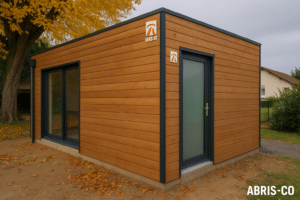 Garage en bois moderne intégré dans un jardin résidentiel en Belgique, vue extérieure à la lumière du jour