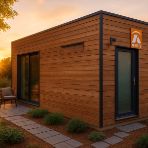Tiny house bois moderne installée dans un jardin paysager avec éclairage naturel chaleureux au coucher du soleil