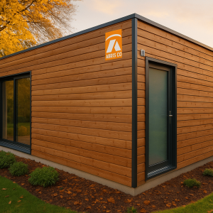 Garage ossature bois moderne dans un jardin paysager en France, valorisant le bardage en bois naturel et la toiture plate.